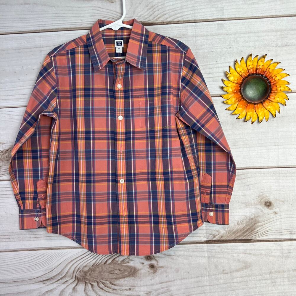 Janie and Jack Kids Plaid Button Down Shirt Salmon Blue Long Sleeve Size 5